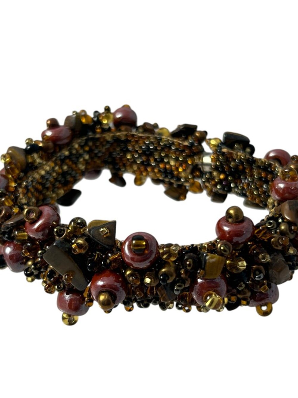 Brown Amber Beaded Cluster Cuff Bracelet Seed Bead Chunky Boho Statement